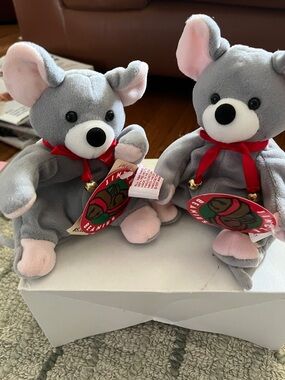 Gray & Pink Plush Mouse Pair with Red Ribbon